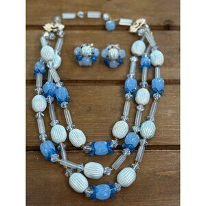 Vintage W. Germany Blue & White Beaded Necklace & Clip-On Earrings Set